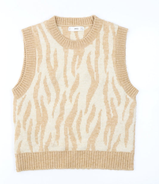 MNG Women’s Beige Animal Print Knit Sleeveless Vest Jumper L