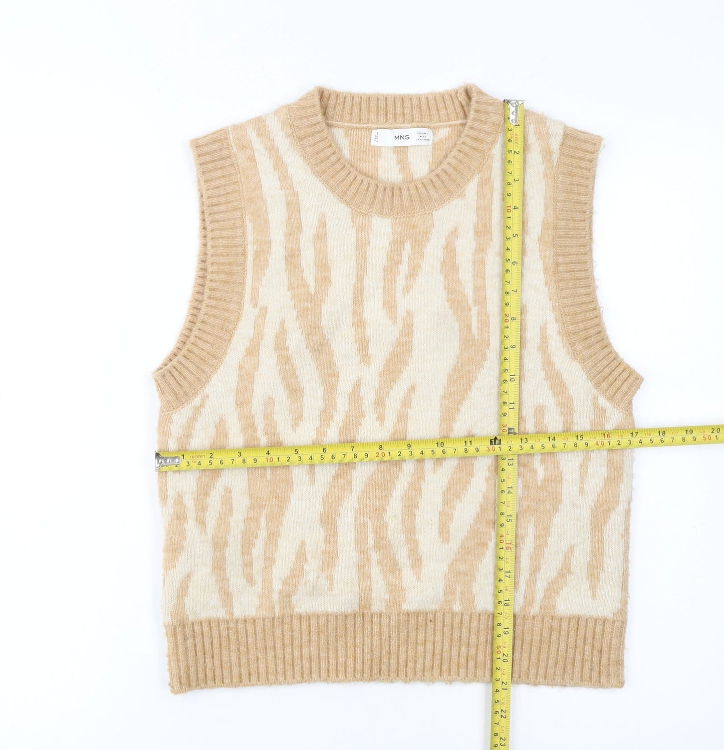 MNG Women’s Beige Animal Print Knit Sleeveless Vest Jumper L