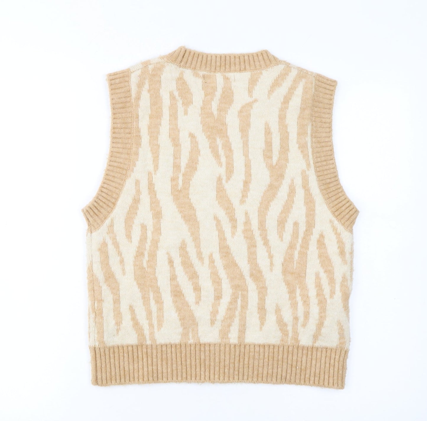 MNG Women’s Beige Animal Print Knit Sleeveless Vest Jumper L