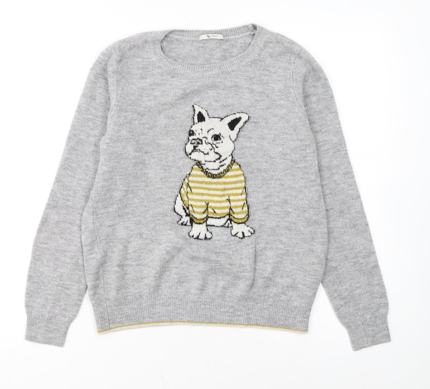 Tu Women Grey Dog Print Jumper Size 12 Acrylic Knit Pullover