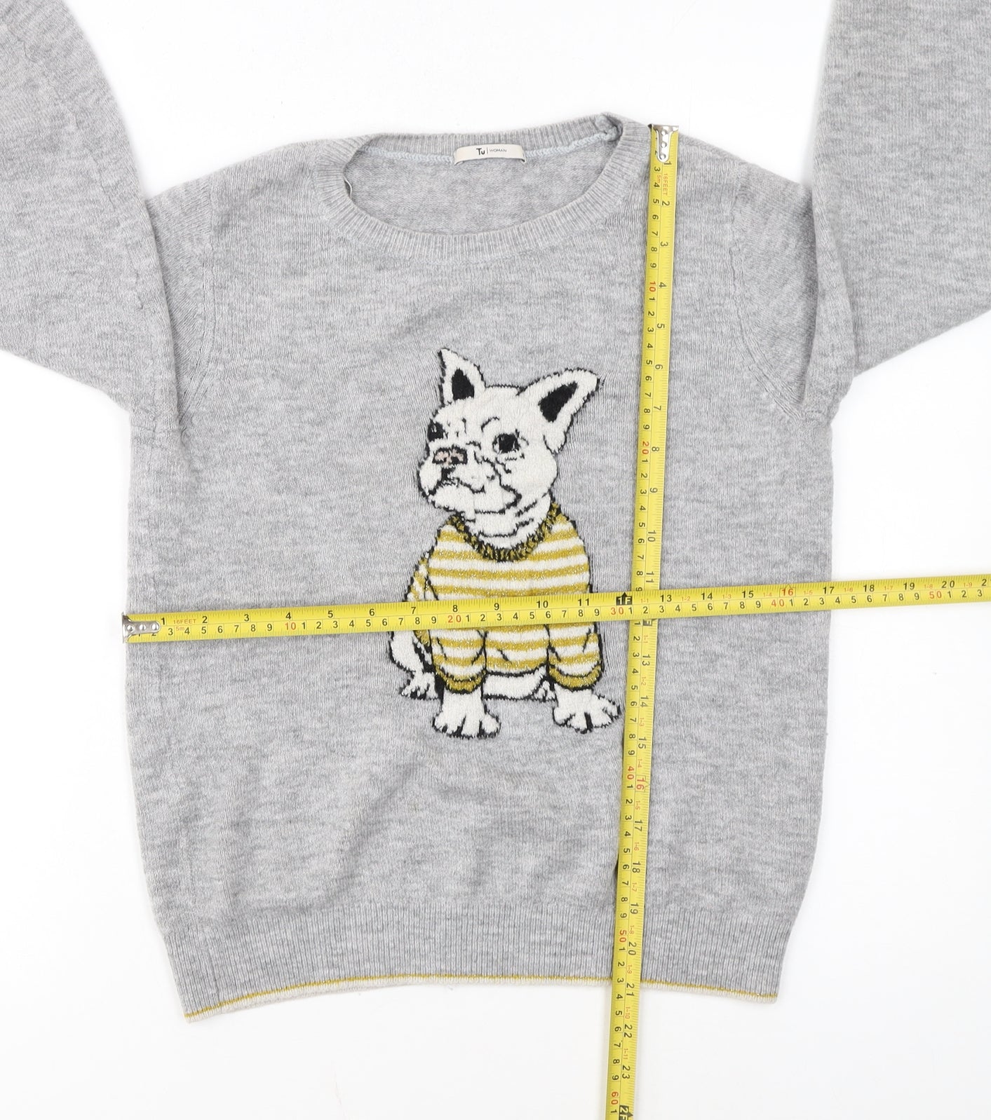 Tu Women Grey Dog Print Jumper Size 12 Acrylic Knit Pullover