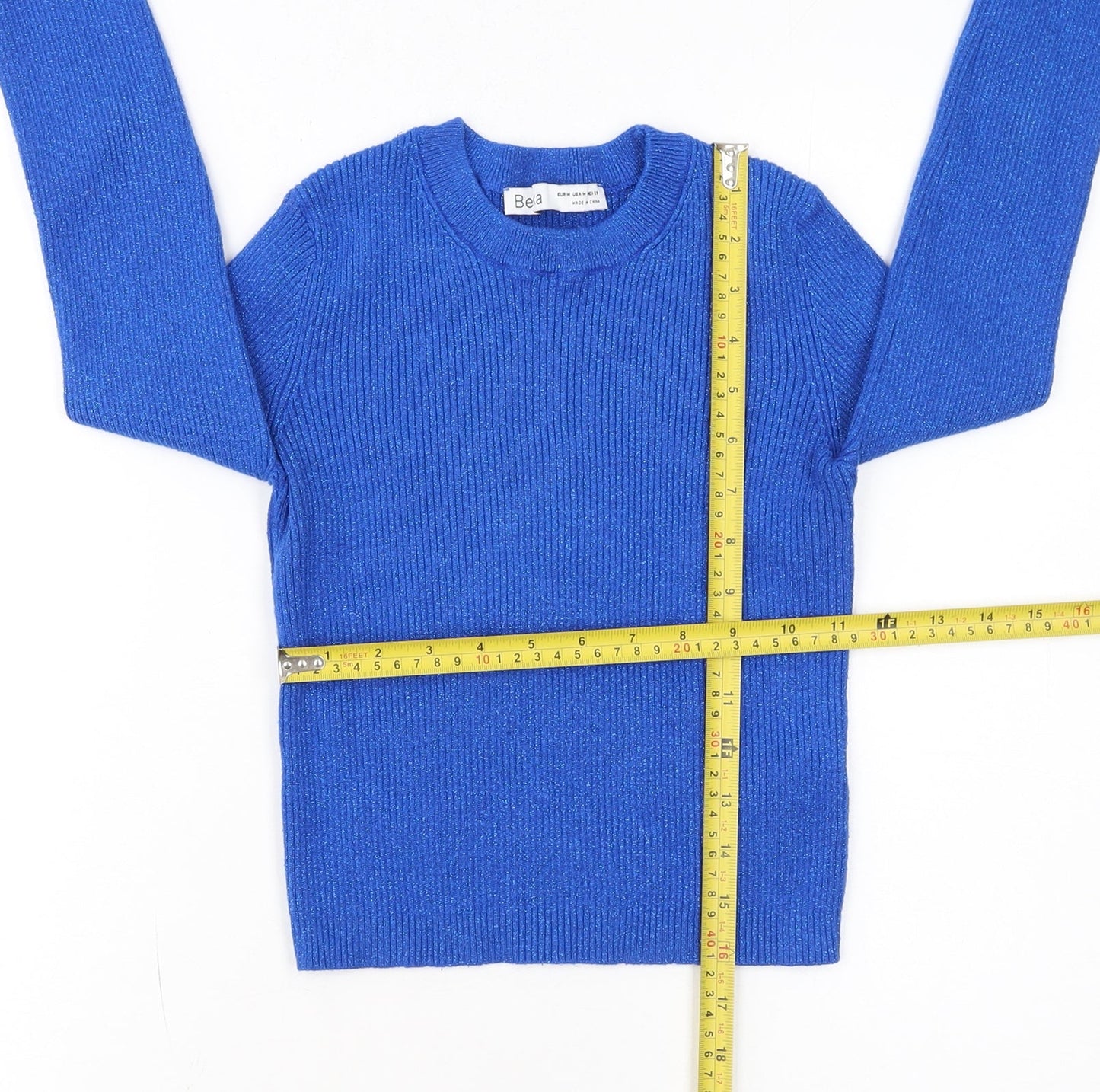 Bershka Women Blue Ruffle Sleeve Knit Pullover Jumper Size 12