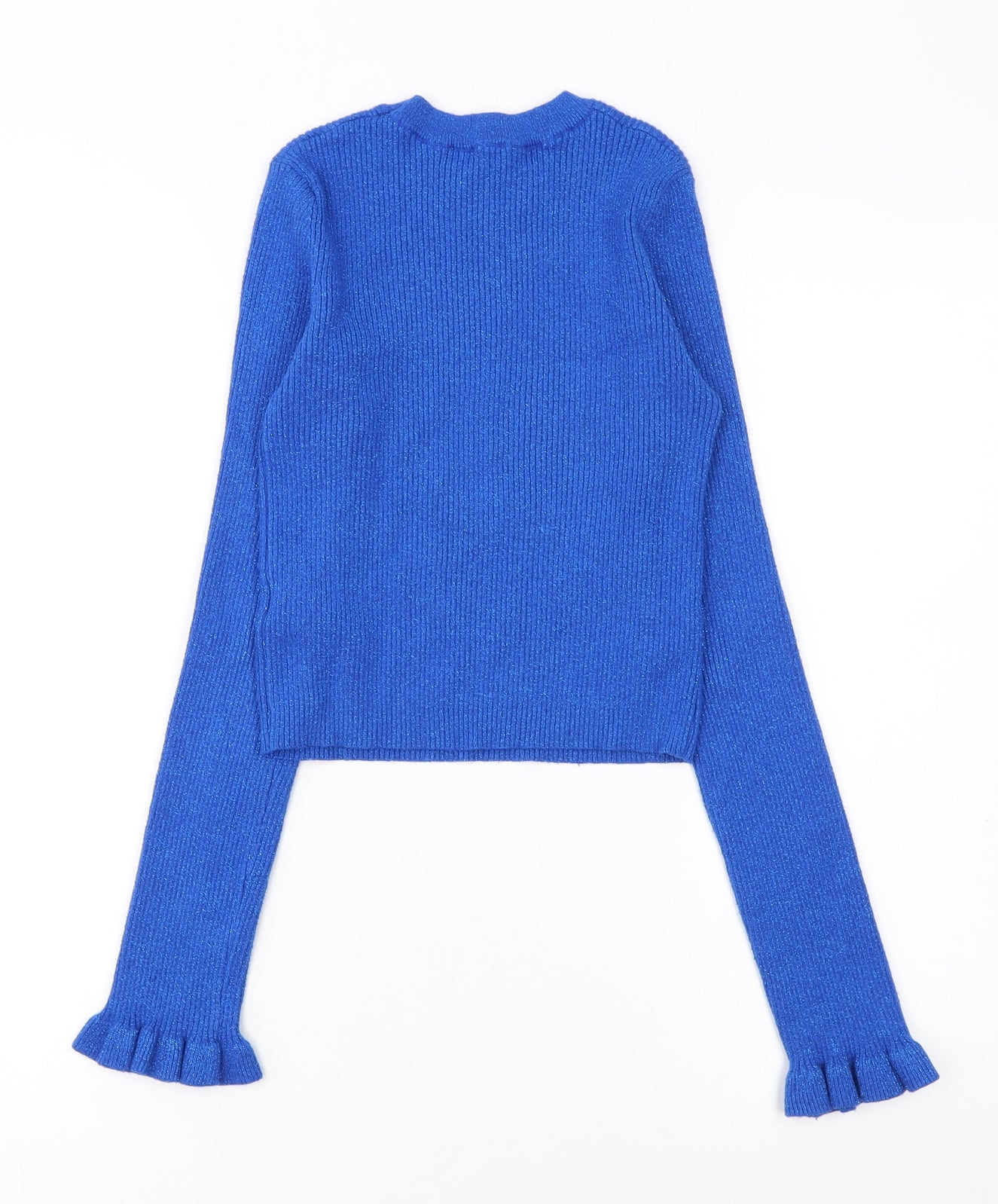Bershka Women Blue Ruffle Sleeve Knit Pullover Jumper Size 12