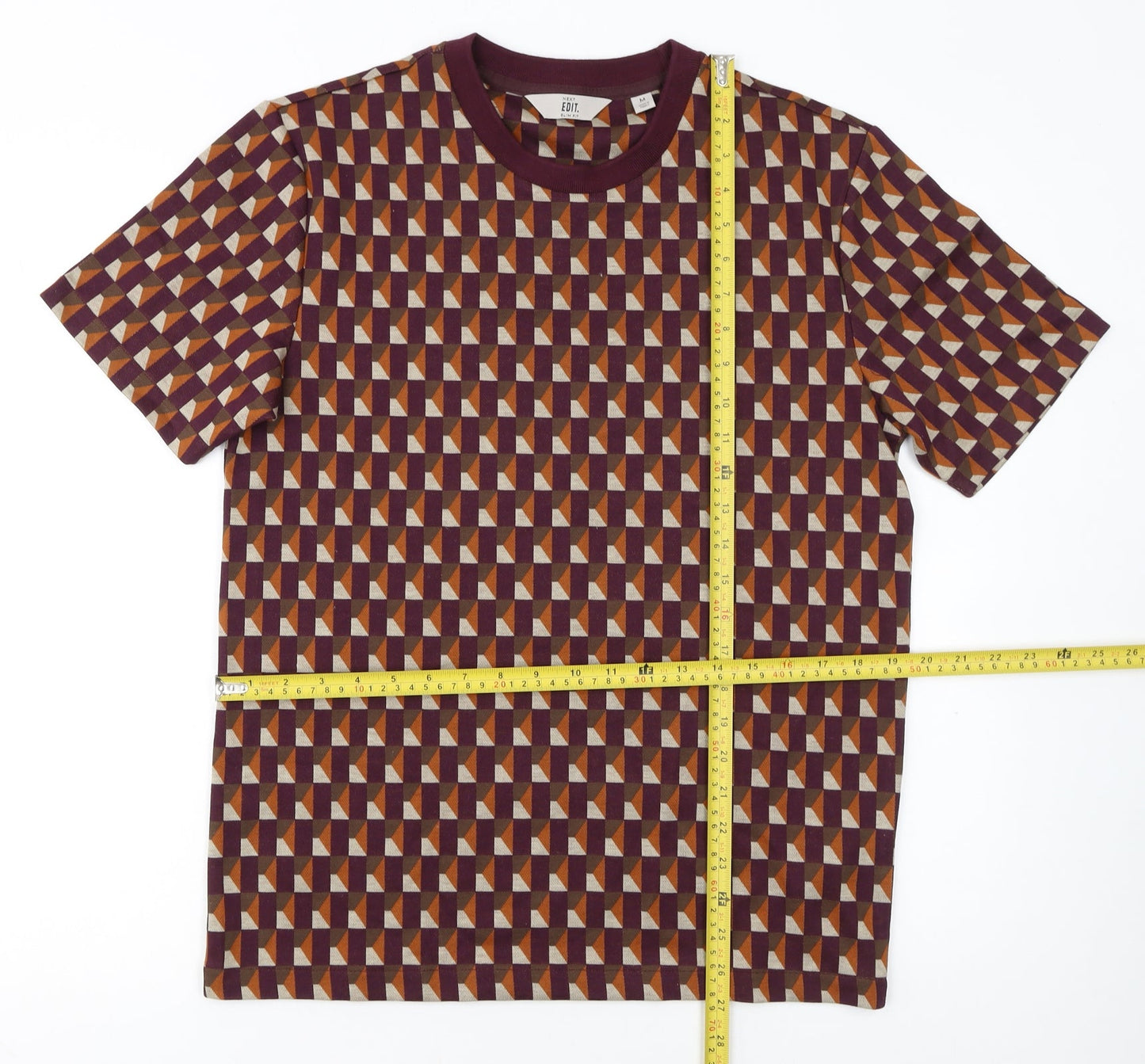 Next Men's Geometric Print Burgundy Short Sleeve Crew Neck T-Shirt M