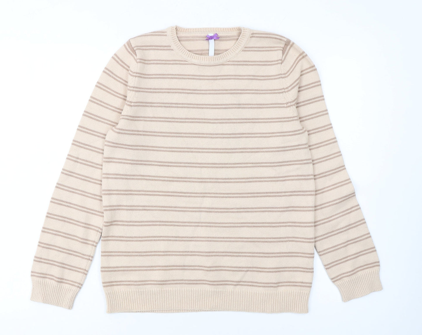 BHS Women Beige Striped Cotton Crew Neck Jumper Size 10