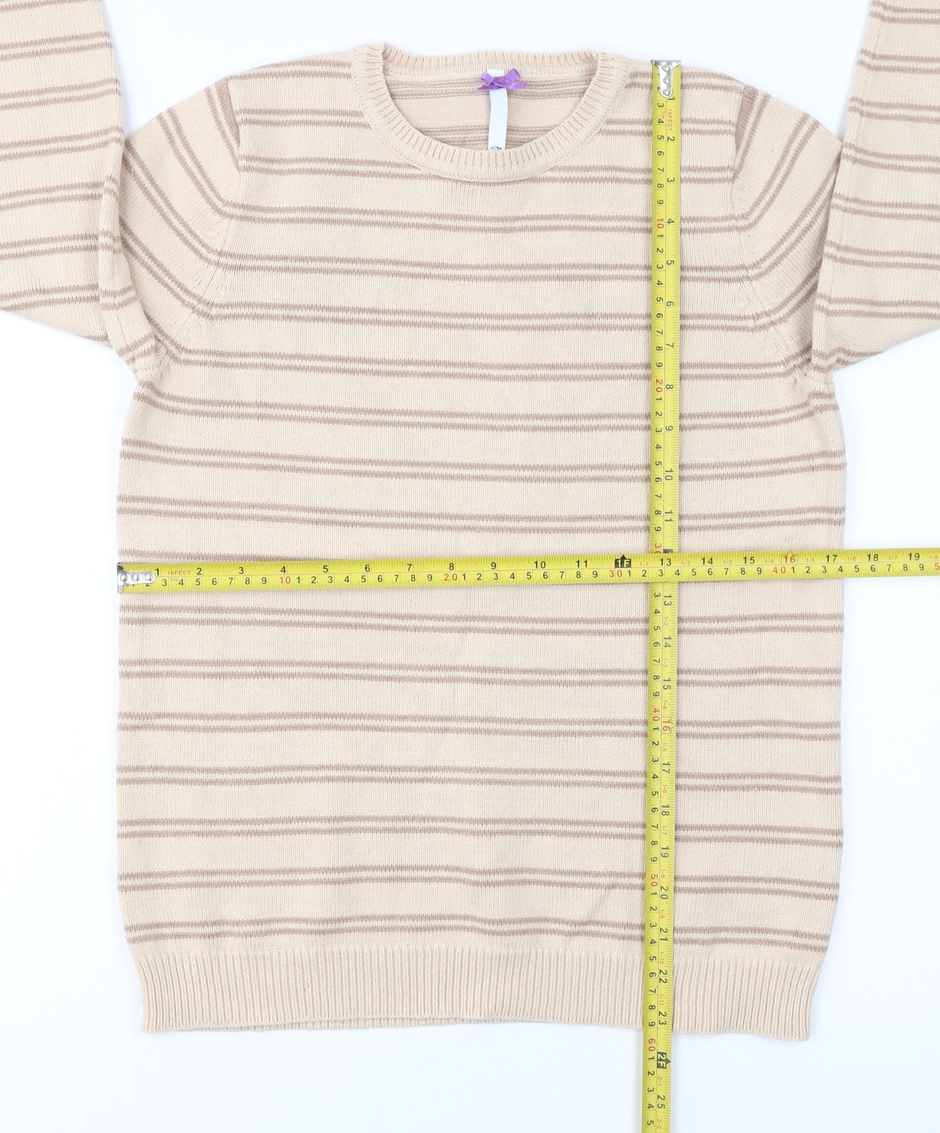 BHS Women Beige Striped Cotton Crew Neck Jumper Size 10