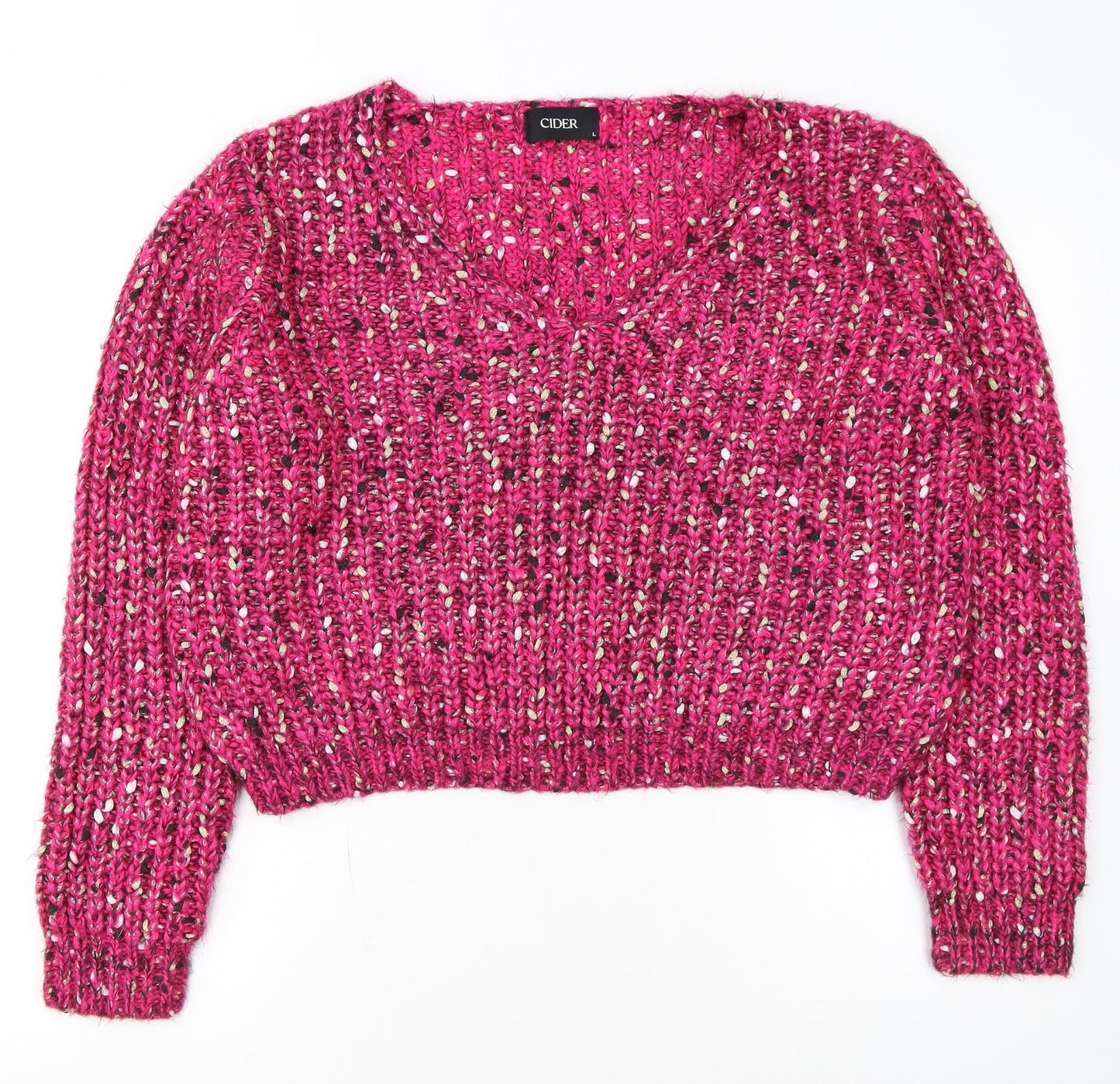 Cider Women Pink L Chunky Knit V-Neck Pullover Jumper