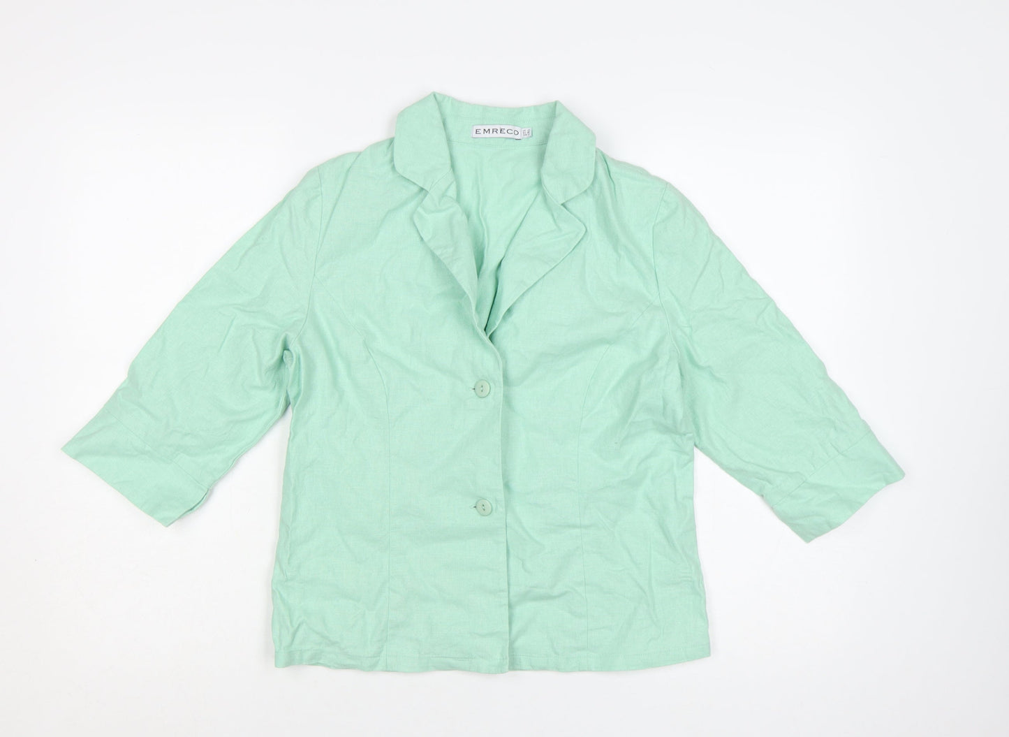 Emreco Women Mint Green Linen Blend Blazer Jacket UK 10 Classic 3/4 Sleeve