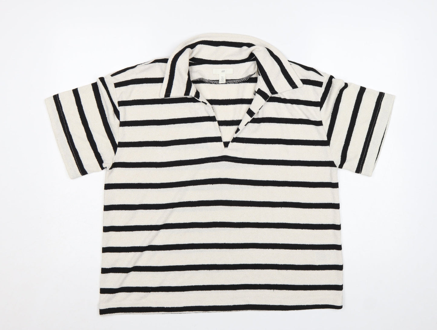H&M Women’s White Black Striped Collared Short Sleeve T-Shirt Size L