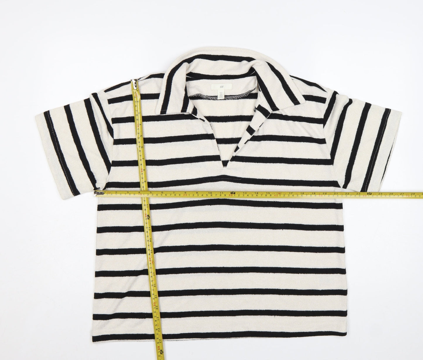 H&M Women’s White Black Striped Collared Short Sleeve T-Shirt Size L