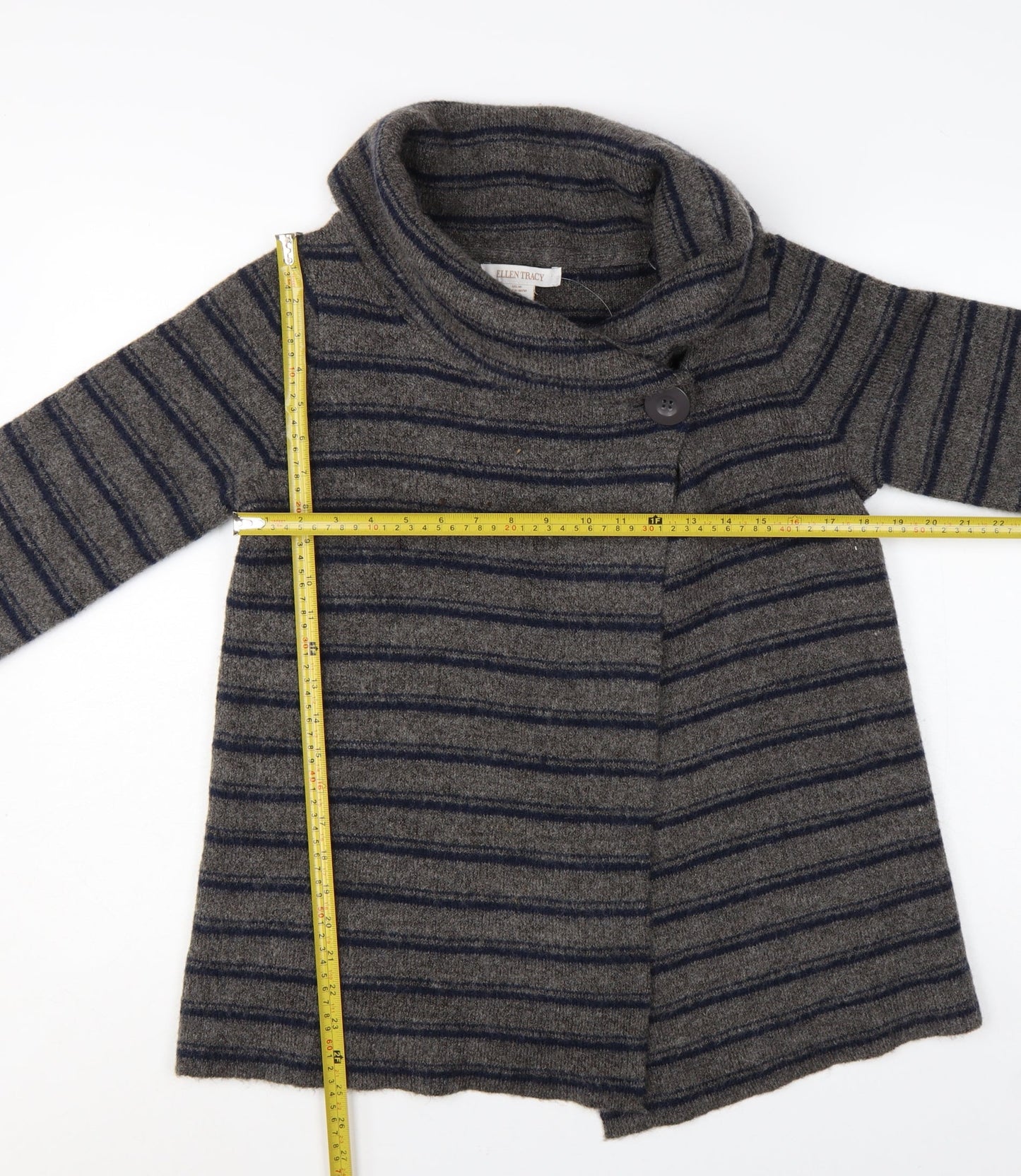 Ellen Tracy Women's Grey Striped Cowl Neck Cardigan Jumper M
