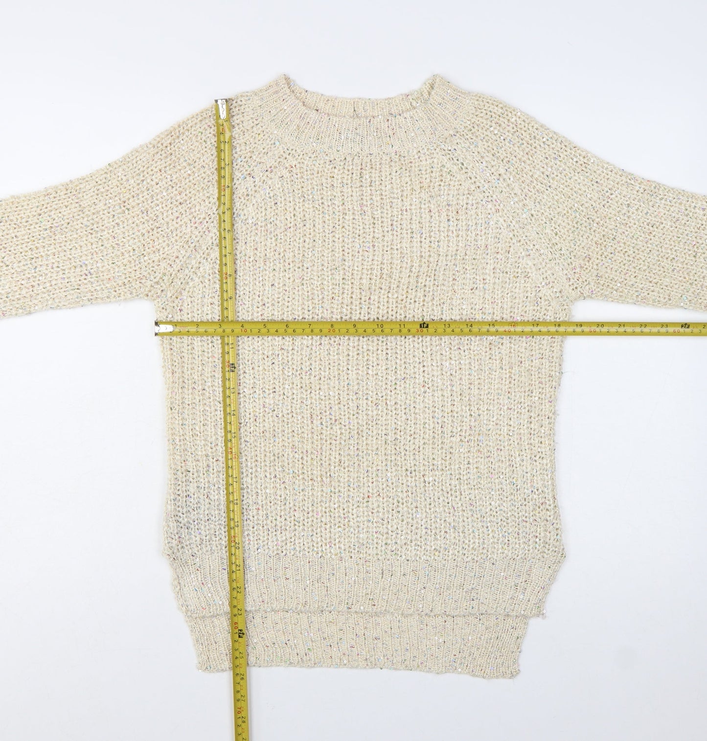 West One Women's Beige Chunky-Knit Pullover Jumper S/M Acrylic Blend