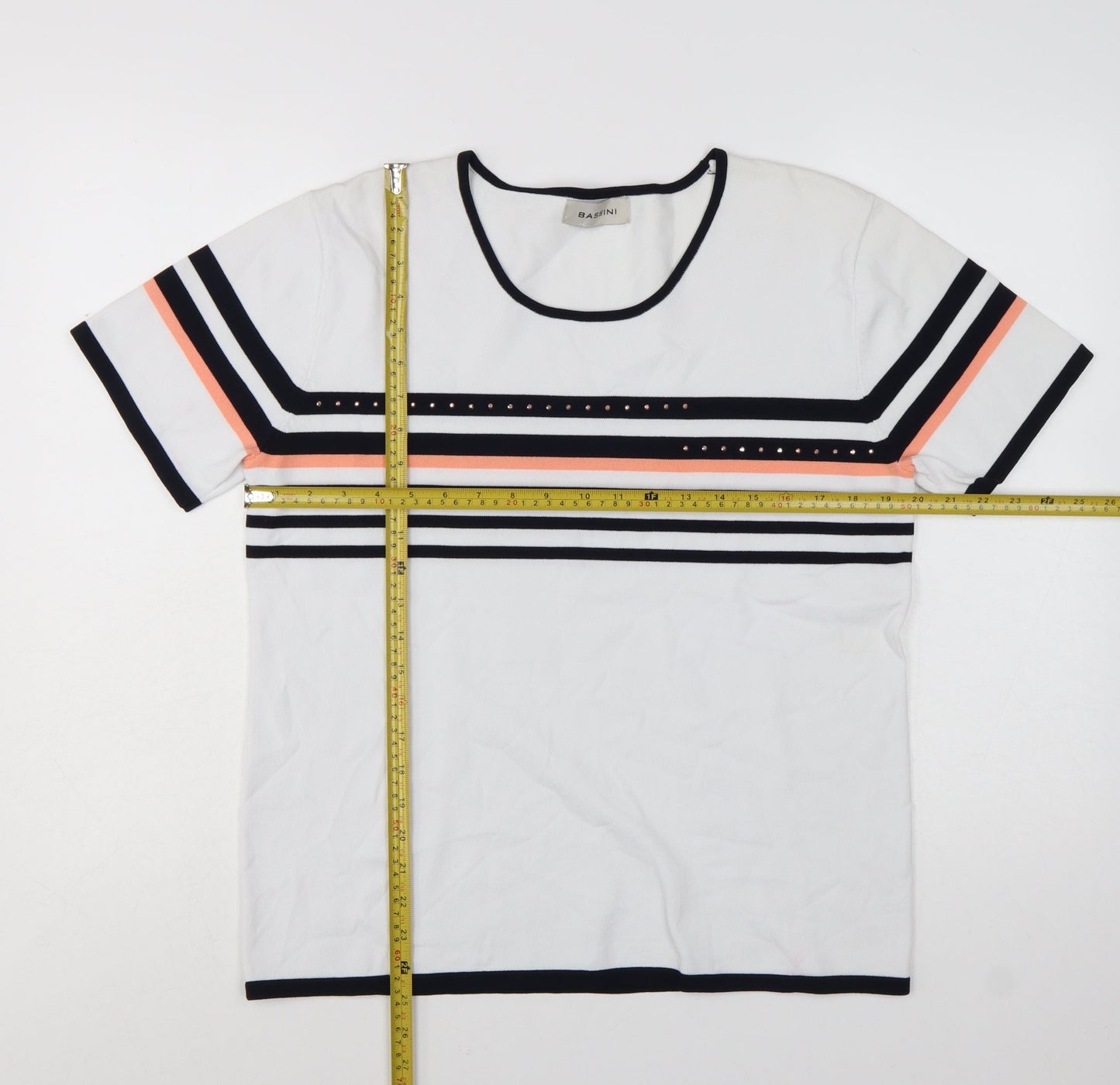 Bassini Women's White Striped Short Sleeve Pullover Jumper Size L