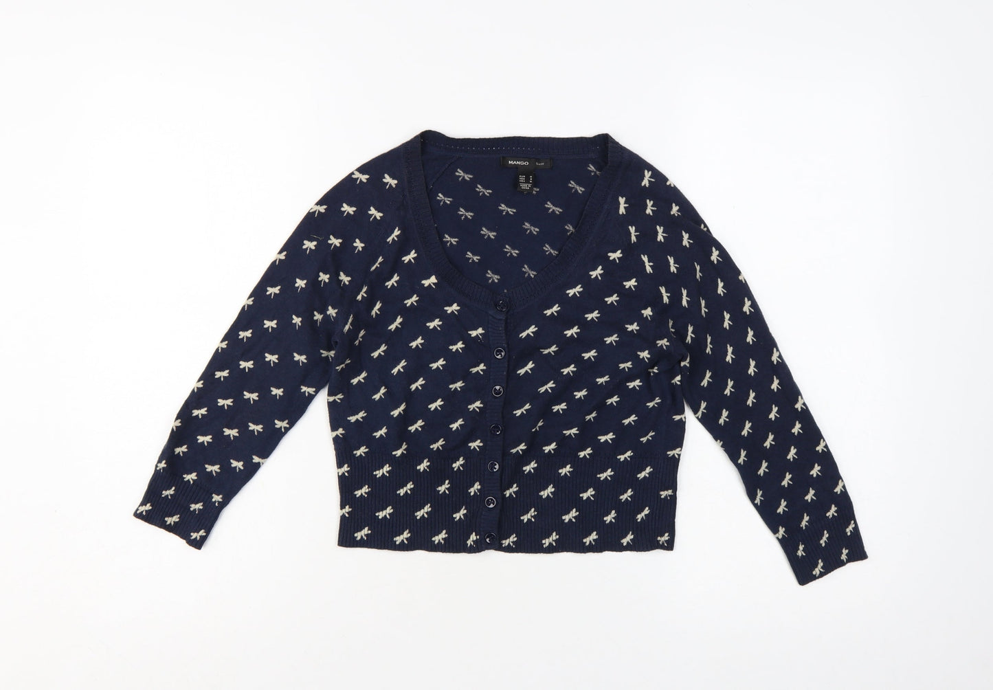 Mango Women Navy Blue Bow Knit Cardigan Jumper Size M V-Neck