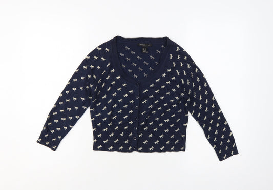 Mango Women Navy Blue Bow Knit Cardigan Jumper Size M V-Neck