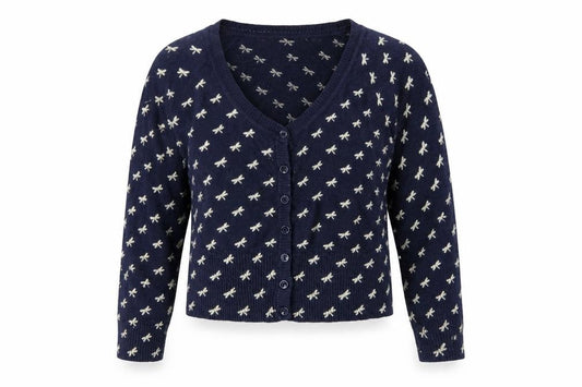 Mango Women Navy Blue Bow Knit Cardigan Jumper Size M V-Neck