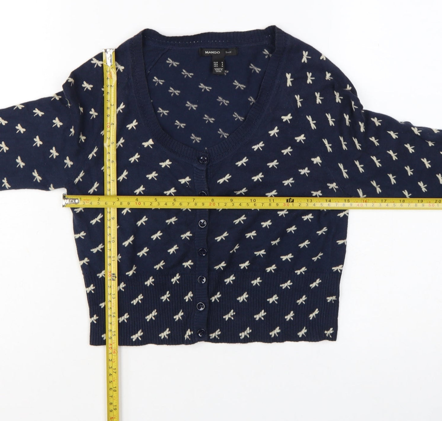 Mango Women Navy Blue Bow Knit Cardigan Jumper Size M V-Neck