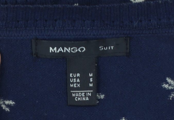 Mango Women Navy Blue Bow Knit Cardigan Jumper Size M V-Neck