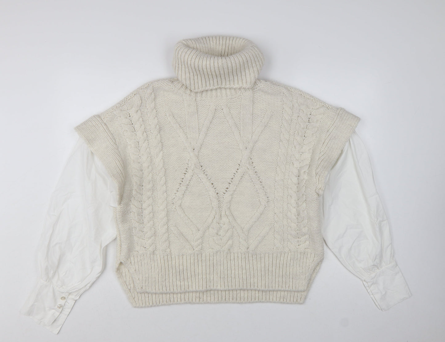 Topshop Women Ivory Cable-Knit Roll Neck Sleeveless Jumper M