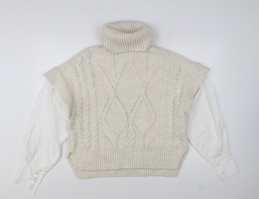 Topshop Women Ivory Cable-Knit Roll Neck Sleeveless Jumper M