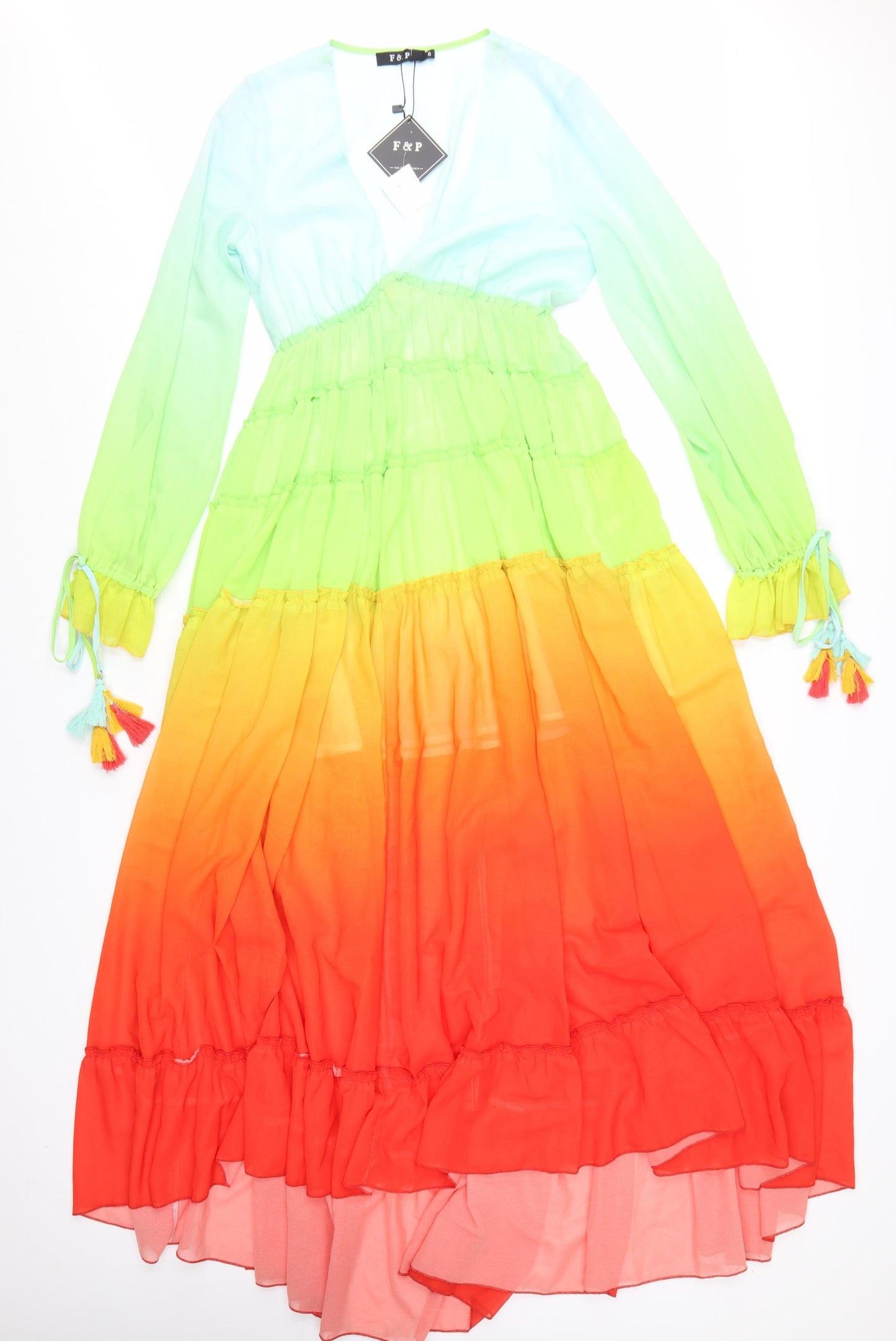 F&P Womens Multicoloured Midi Maxi Dress S Boho Tassel Long Sleeve V-Neck