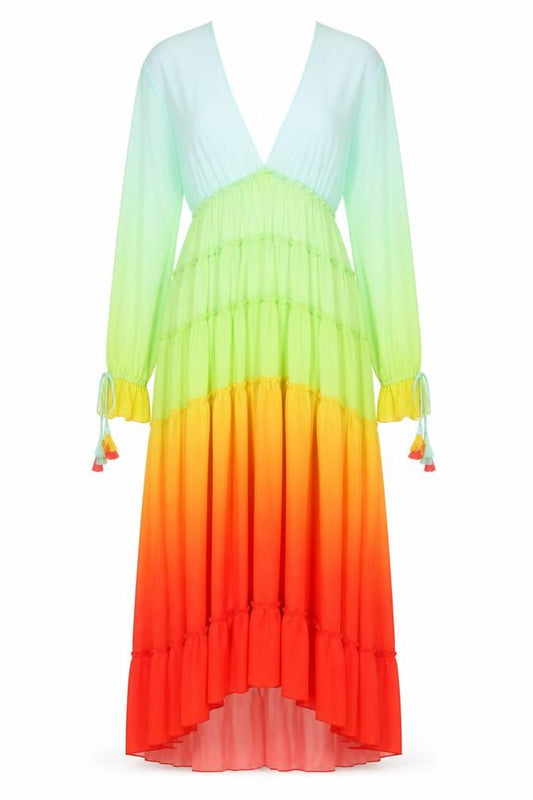 F&P Womens Multicoloured Midi Maxi Dress S Boho Tassel Long Sleeve V-Neck