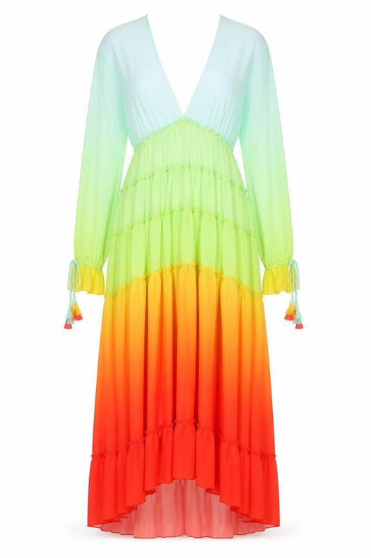 F&P Womens Multicoloured Midi Maxi Dress S Boho Tassel Long Sleeve V-Neck