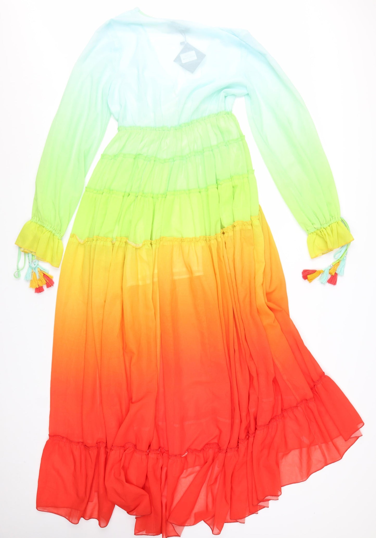 F&P Womens Multicoloured Midi Maxi Dress S Boho Tassel Long Sleeve V-Neck