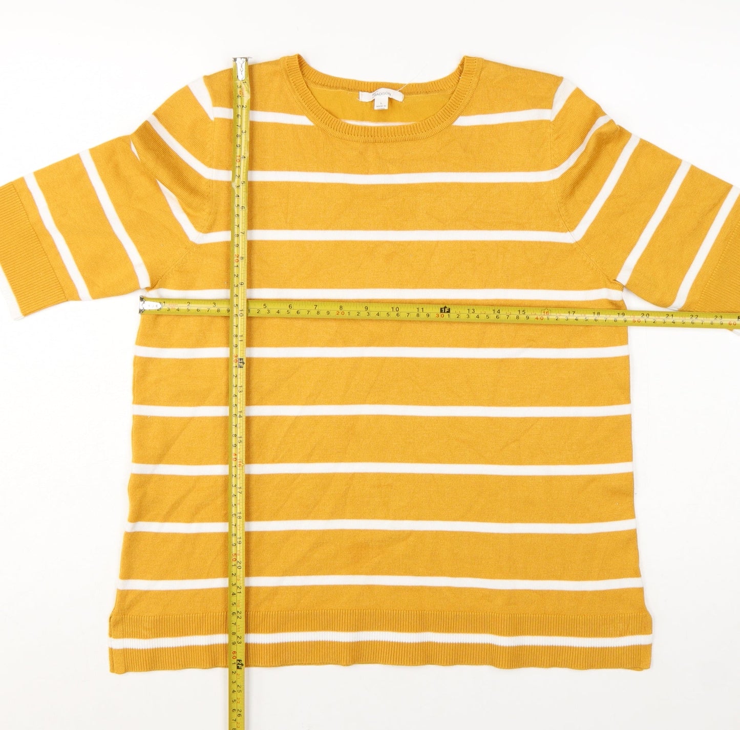 89th + Madison Women Yellow Striped 3/4 Sleeve Pullover Jumper L