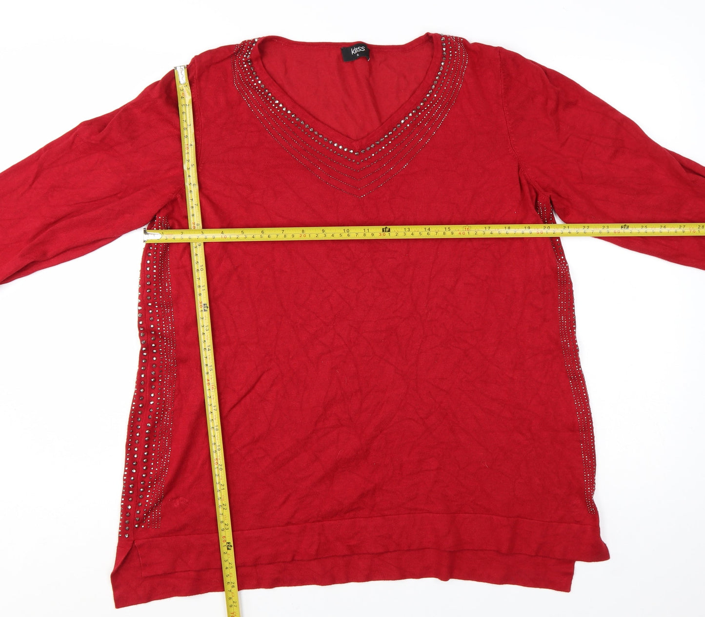 Klass Women Red 2XL V-Neck Rhinestone Long Sleeve Pullover Jumper