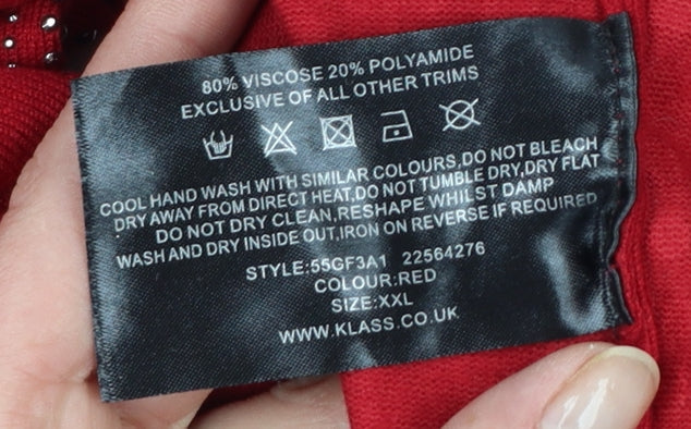 Klass Women Red 2XL V-Neck Rhinestone Long Sleeve Pullover Jumper