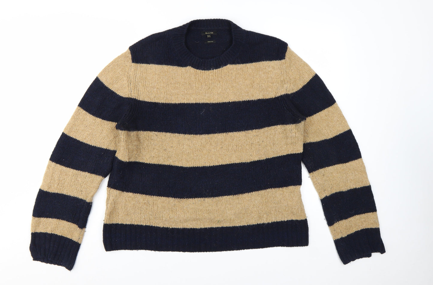 Massimo Dutti Women Beige Navy Striped Wool Blend Pullover Jumper Size 16