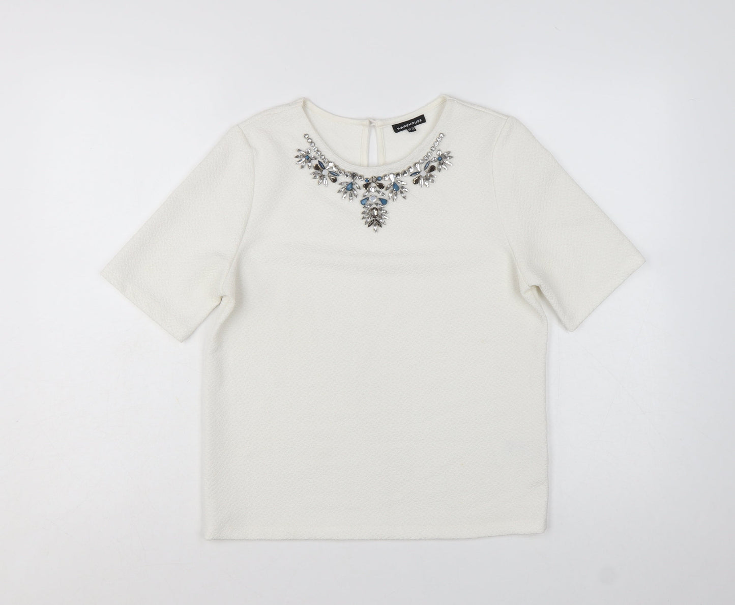 Warehouse Women Ivory Beaded Short Sleeve Blouse UK 10