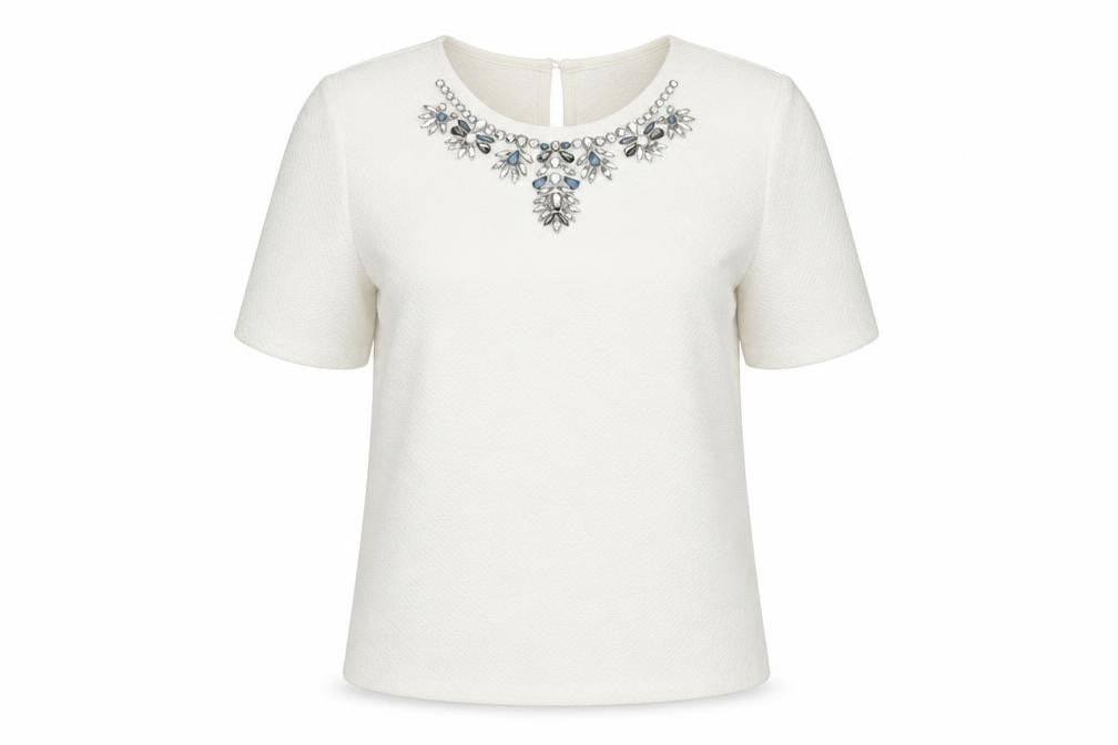 Warehouse Women Ivory Beaded Short Sleeve Blouse UK 10