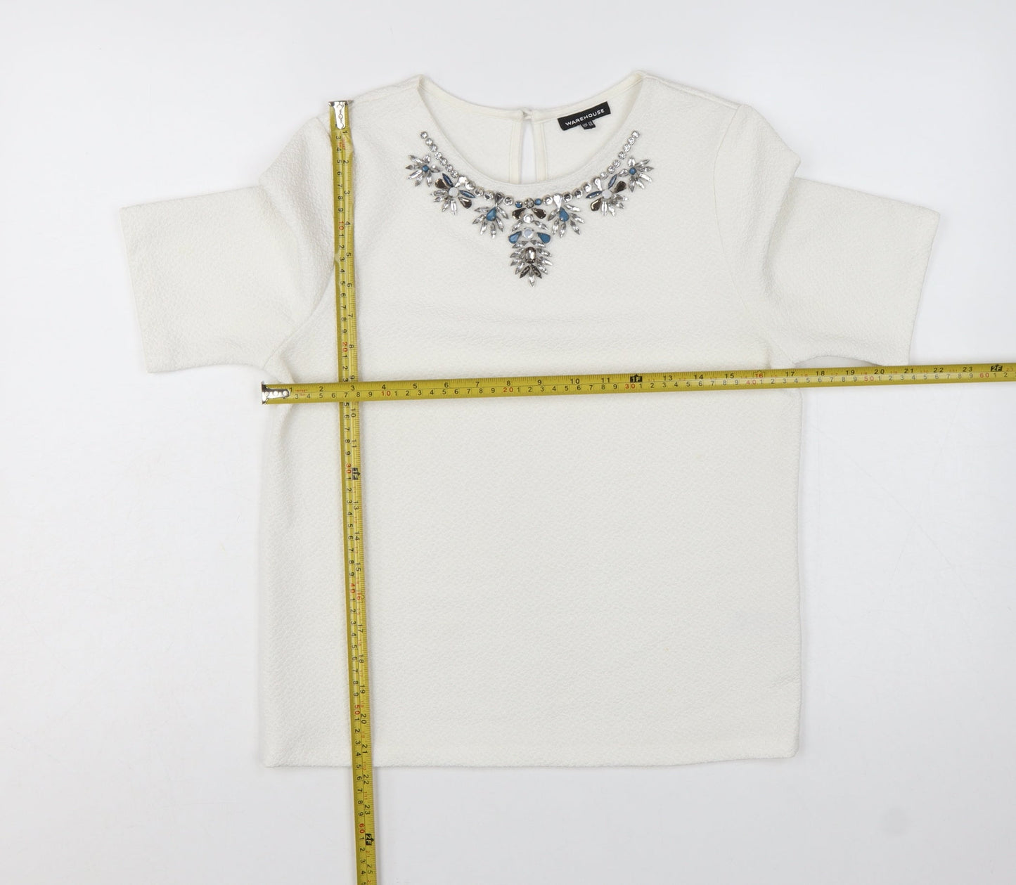 Warehouse Women Ivory Beaded Short Sleeve Blouse UK 10