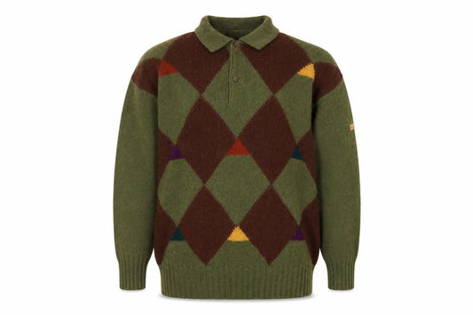 Pringle of Scotland Men's Green Argyle Wool Henley Jumper M
