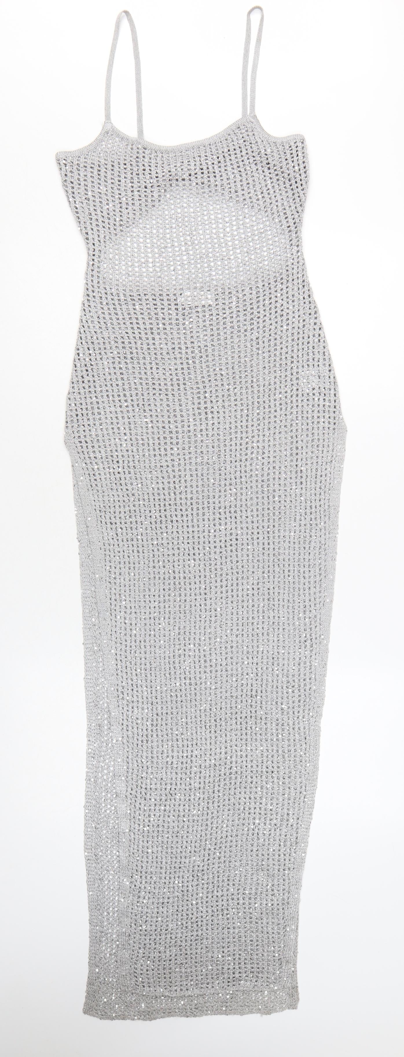Meshki Women Silver Sequin Knit Long Slip Dress XS