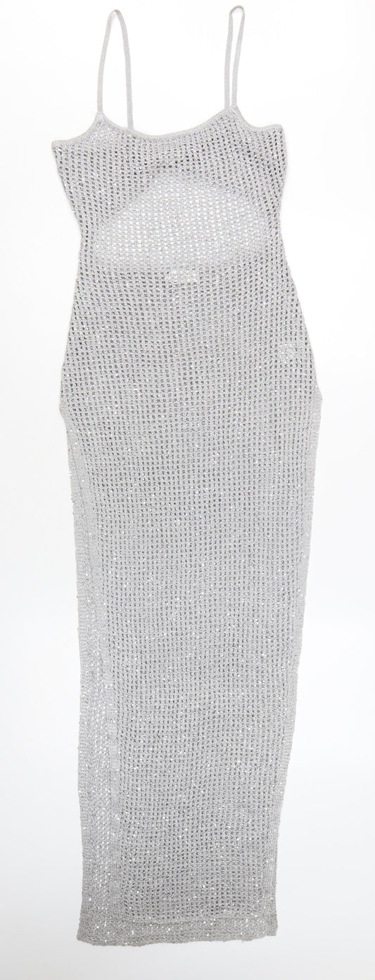 Meshki Women Silver Sequin Knit Long Slip Dress XS