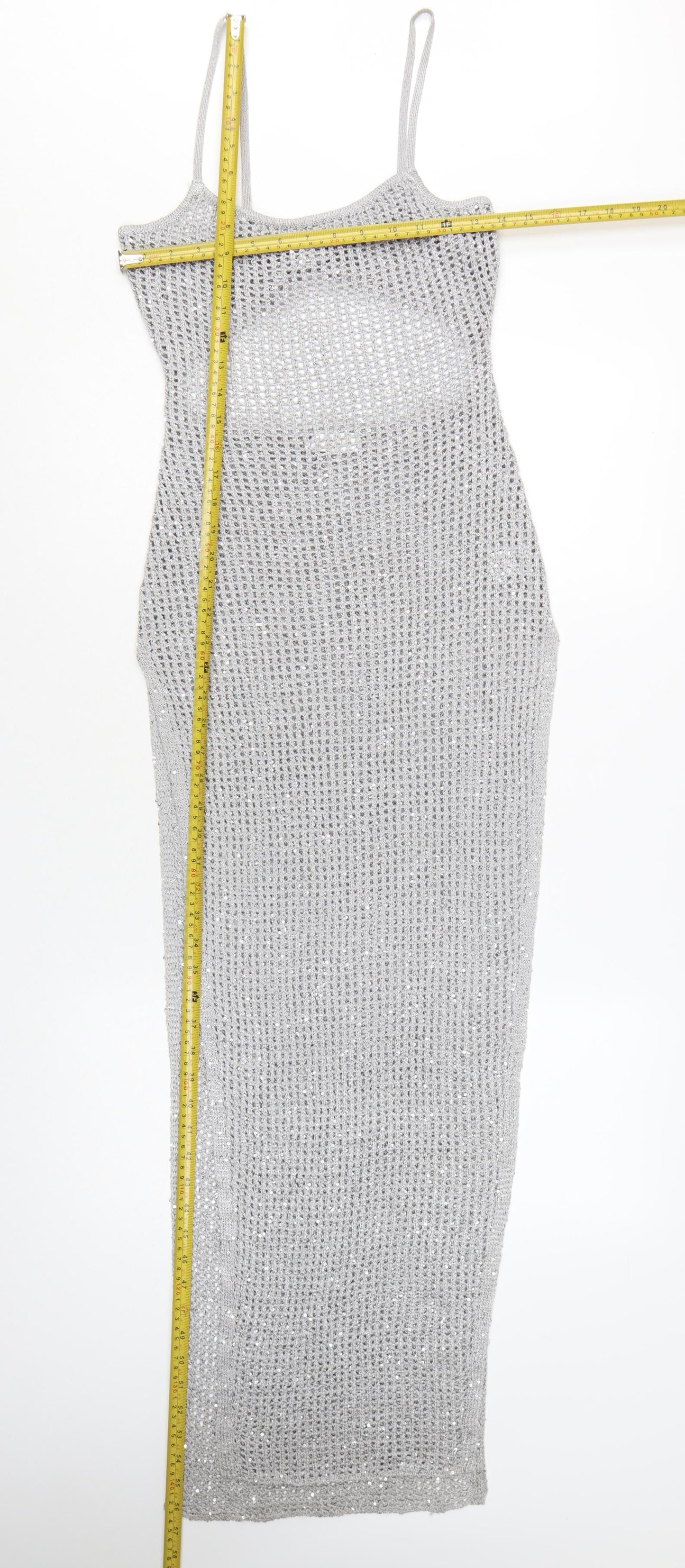 Meshki Women Silver Sequin Knit Long Slip Dress XS
