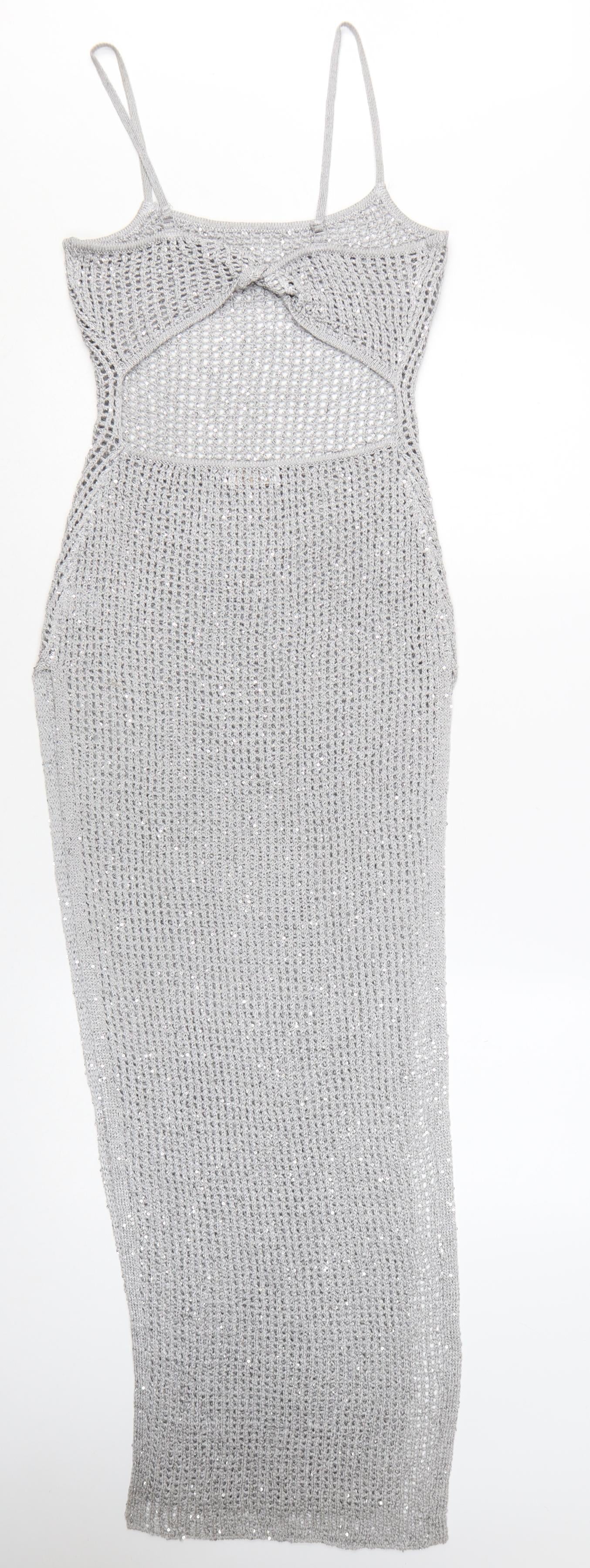 Meshki Women Silver Sequin Knit Long Slip Dress XS