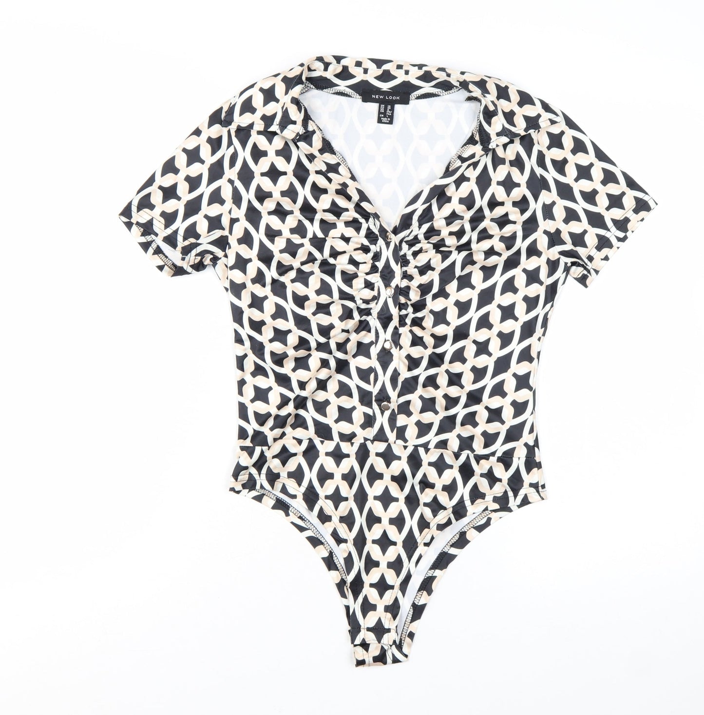 New Look Women's Black Geometric Collared Bodysuit Size 10