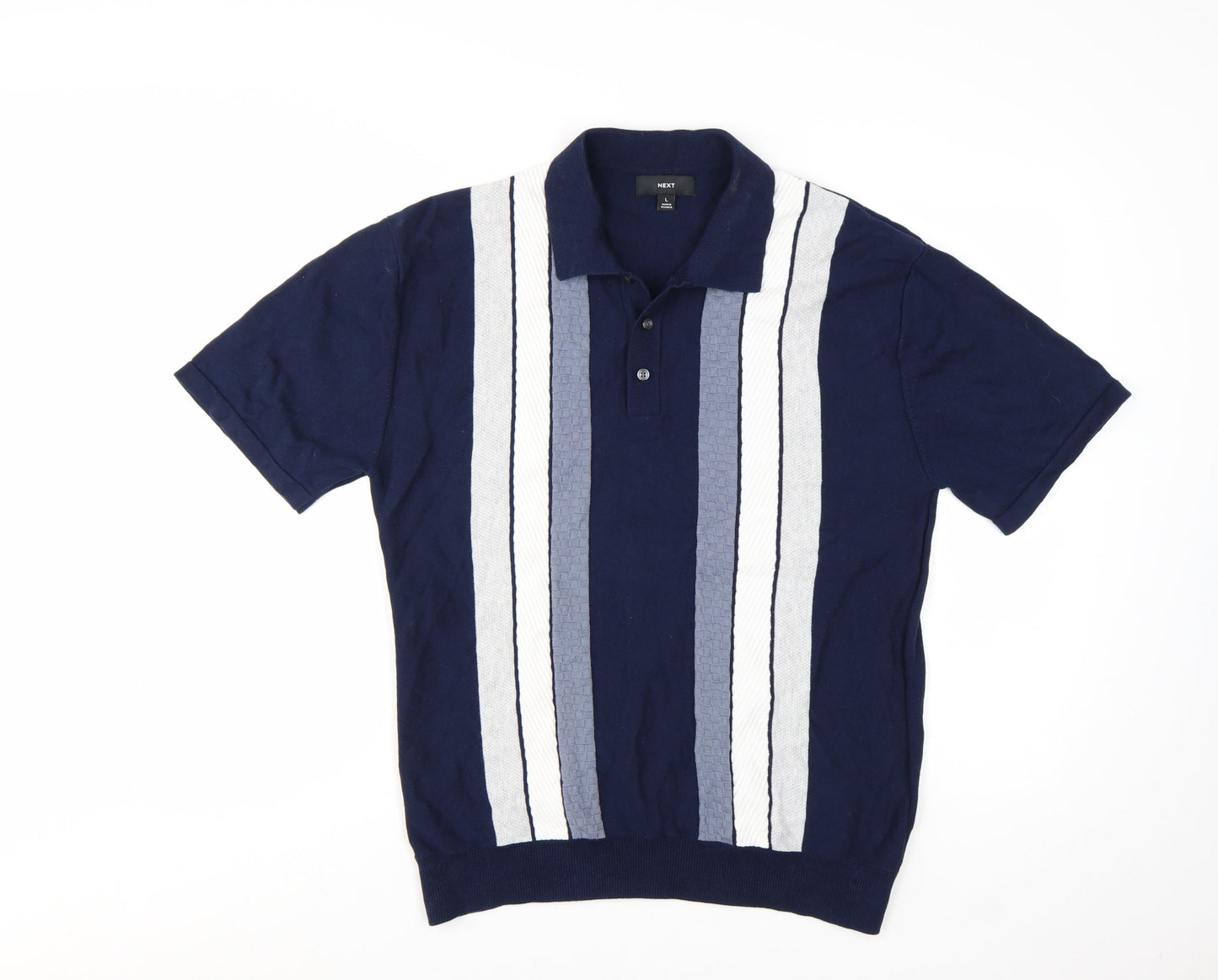 Next Men's Blue Striped Cotton Polo Shirt Size L Short Sleeve