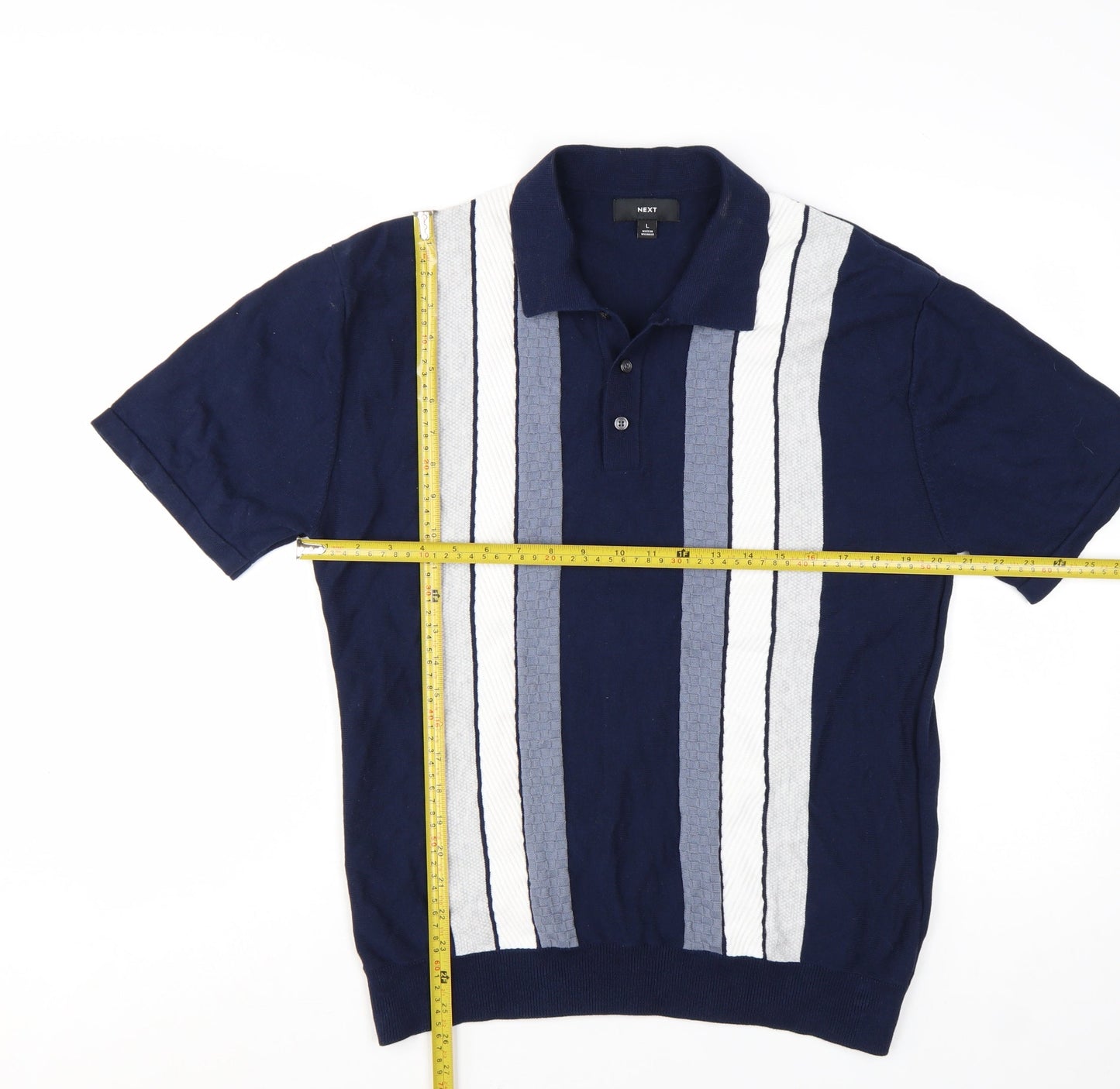 Next Men's Blue Striped Cotton Polo Shirt Size L Short Sleeve