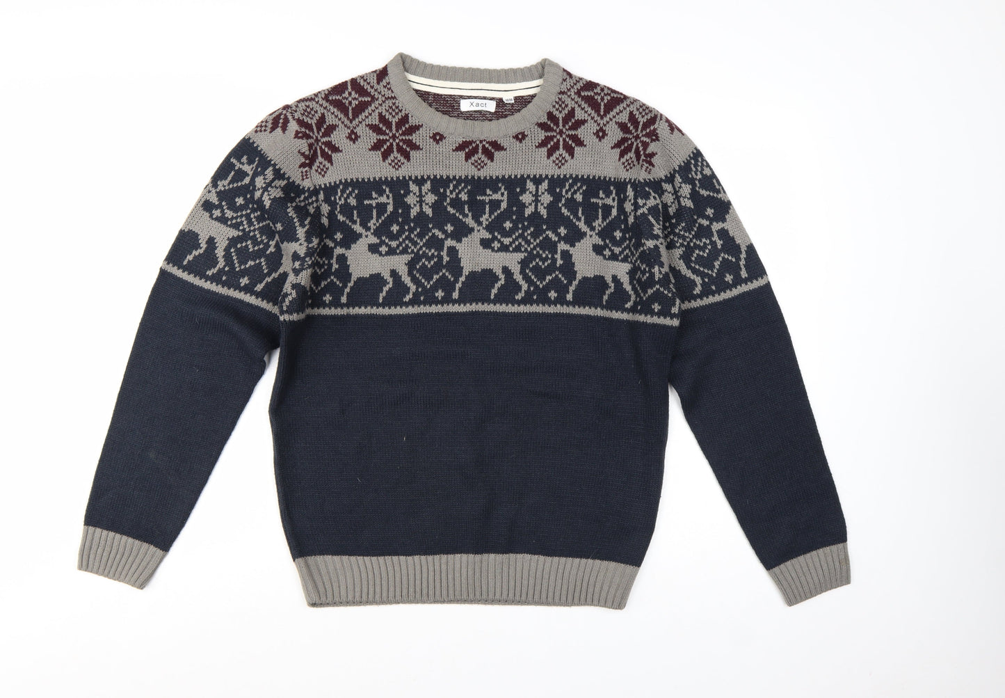 Xact Men's Blue Grey Fair Isle Reindeer Crew Neck Acrylic Jumper M