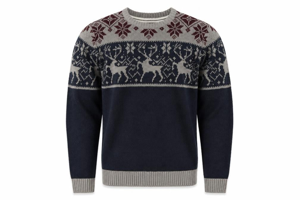Xact Men's Blue Grey Fair Isle Reindeer Crew Neck Acrylic Jumper M