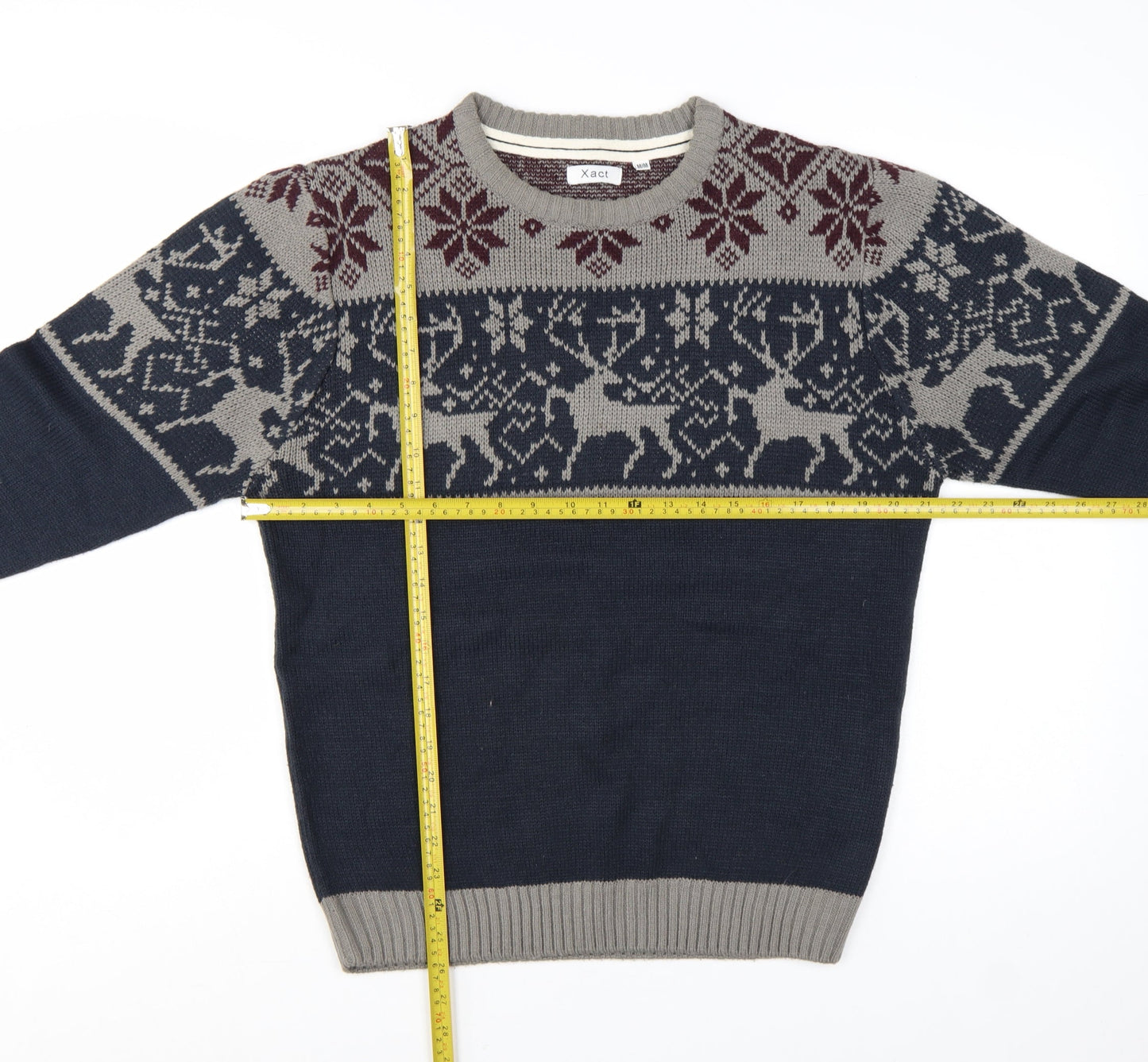 Xact Men's Blue Grey Fair Isle Reindeer Crew Neck Acrylic Jumper M