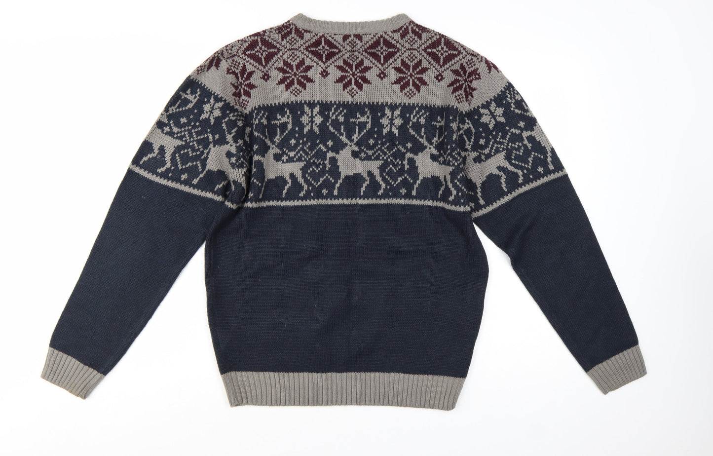 Xact Men's Blue Grey Fair Isle Reindeer Crew Neck Acrylic Jumper M