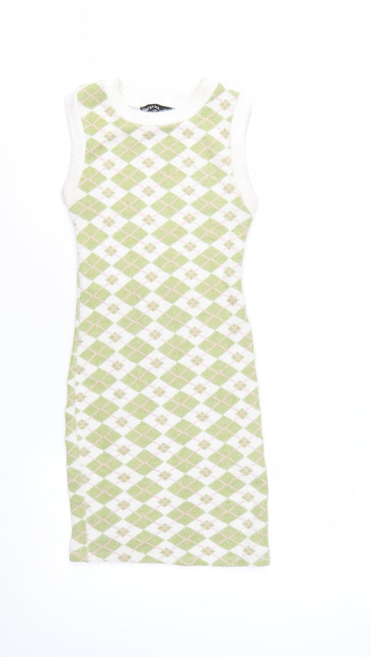 Bershka Women Green Argyle Knit Bodycon Sleeveless Dress XS
