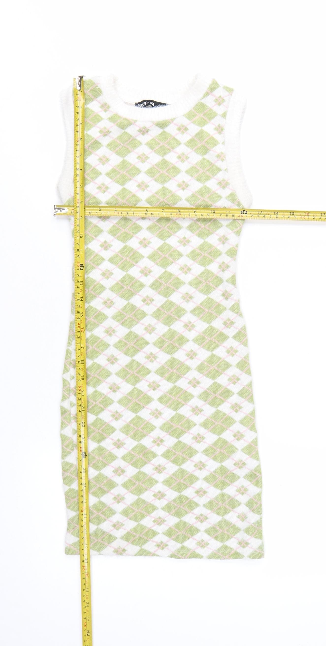 Bershka Women Green Argyle Knit Bodycon Sleeveless Dress XS