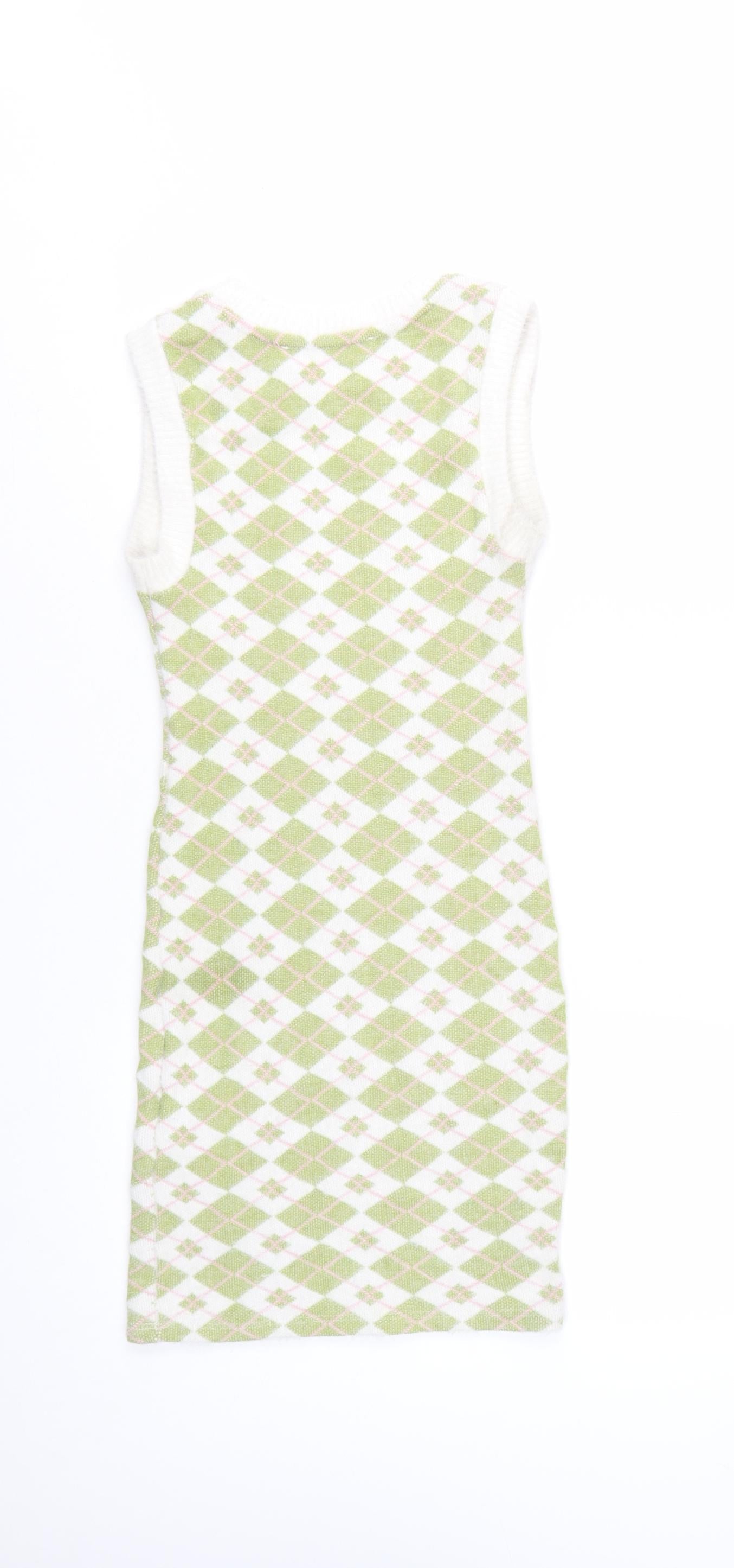 Bershka Women Green Argyle Knit Bodycon Sleeveless Dress XS